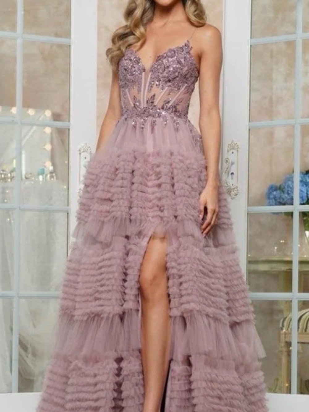 692. Colors 3515 Dusty Rose Ruffled Tulle Dress